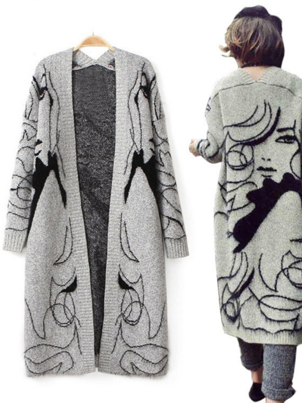 Abstract Face Long Cardigan - Picture 6 of 8